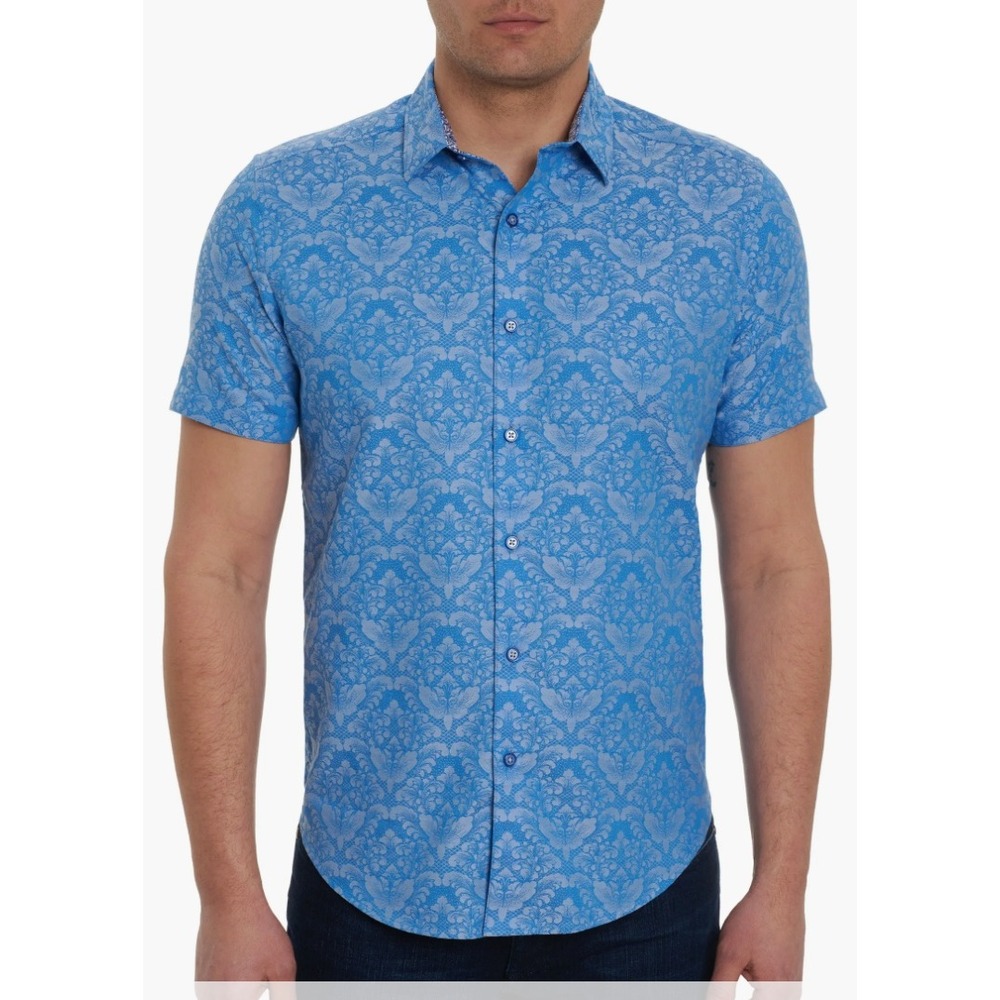 Robert Graham Mens XL Blue Damask Floral Short Sleeve Button‎ Down Classic Fit